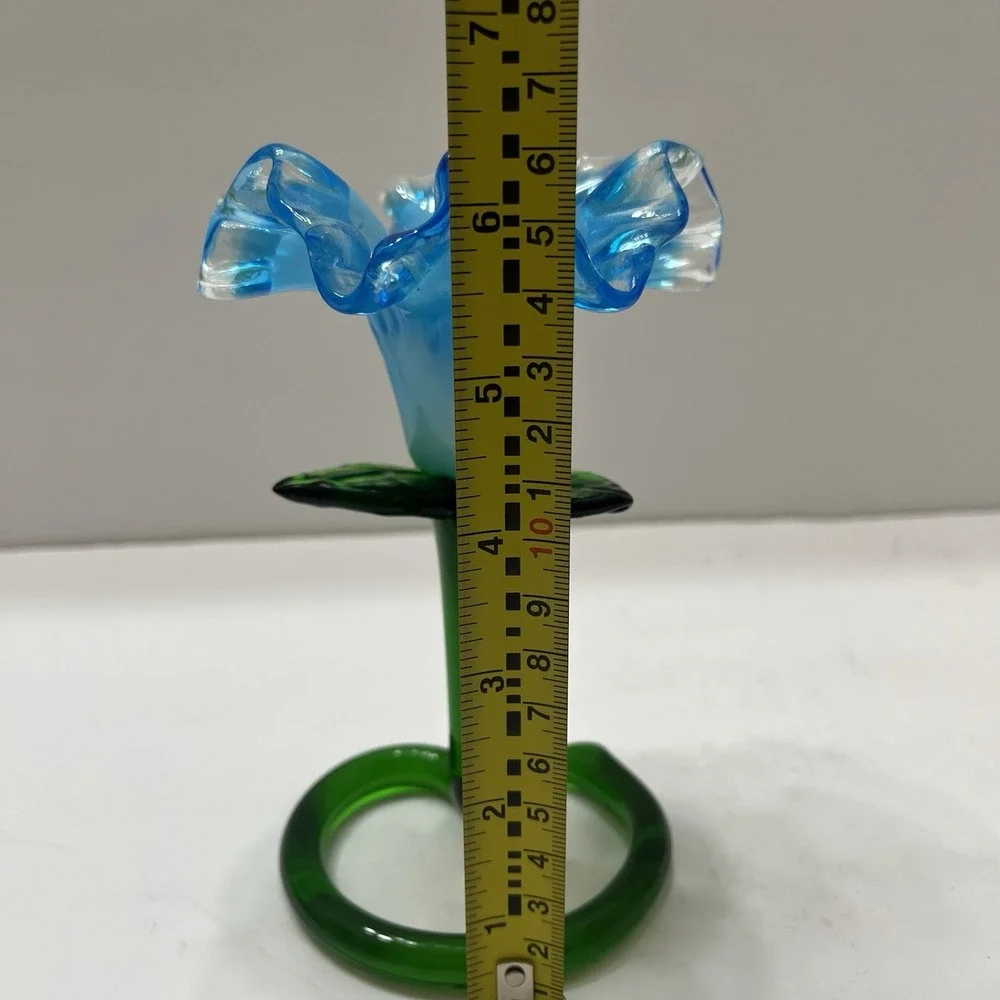 Vintage Hand-Blown Art Glass Flower Vase Candle Holder Bright Blue Ruffled 6x4